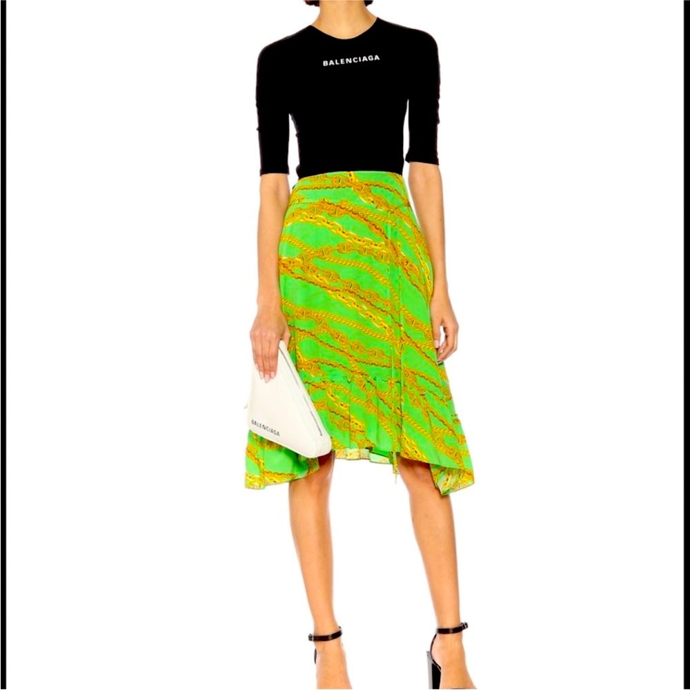 Balenciaga green flare dress with gold chain design. US size 10
